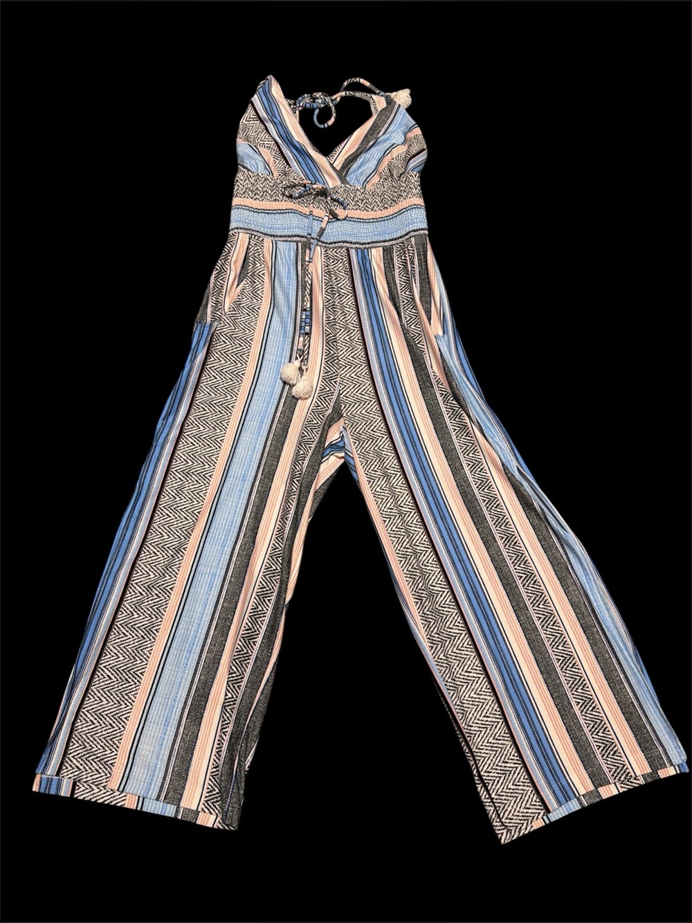VENUS Striped Halter Wide-Leg Jumpsuit in Blue, Tan and Black